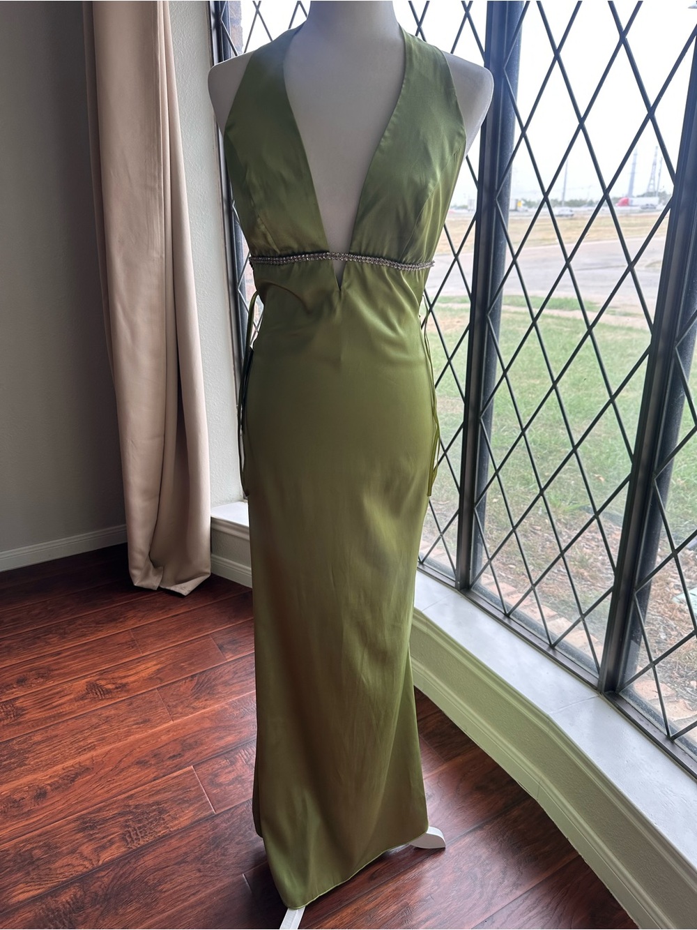 Elegant Olive Green Satin Maxi Dress